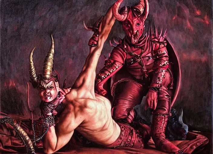 Image similar to a tiefling with brilliant red skin and horns, wearing purple. leather and spiked boots. guitar. heavy metal. edgar maxence and caravaggio and michael whelan and delacroix style, artistic, intricate painting, cinematic lighting, hyper realistic, extremely detailed, vivid colors, establishing shot, dramatic lighting