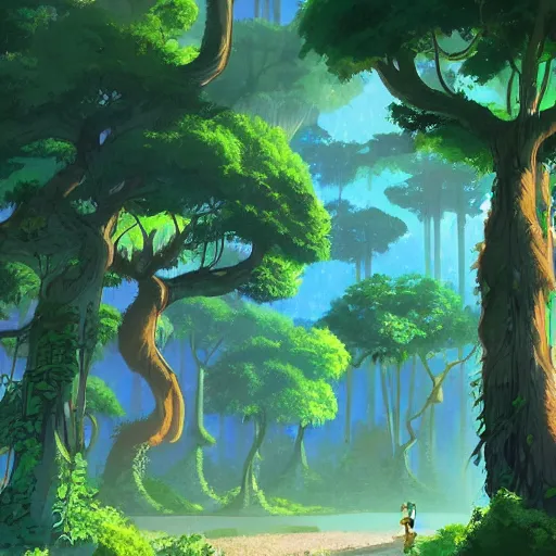 Image similar to stunning tree city in amazon forest by studio ghibli, artstation, environment design