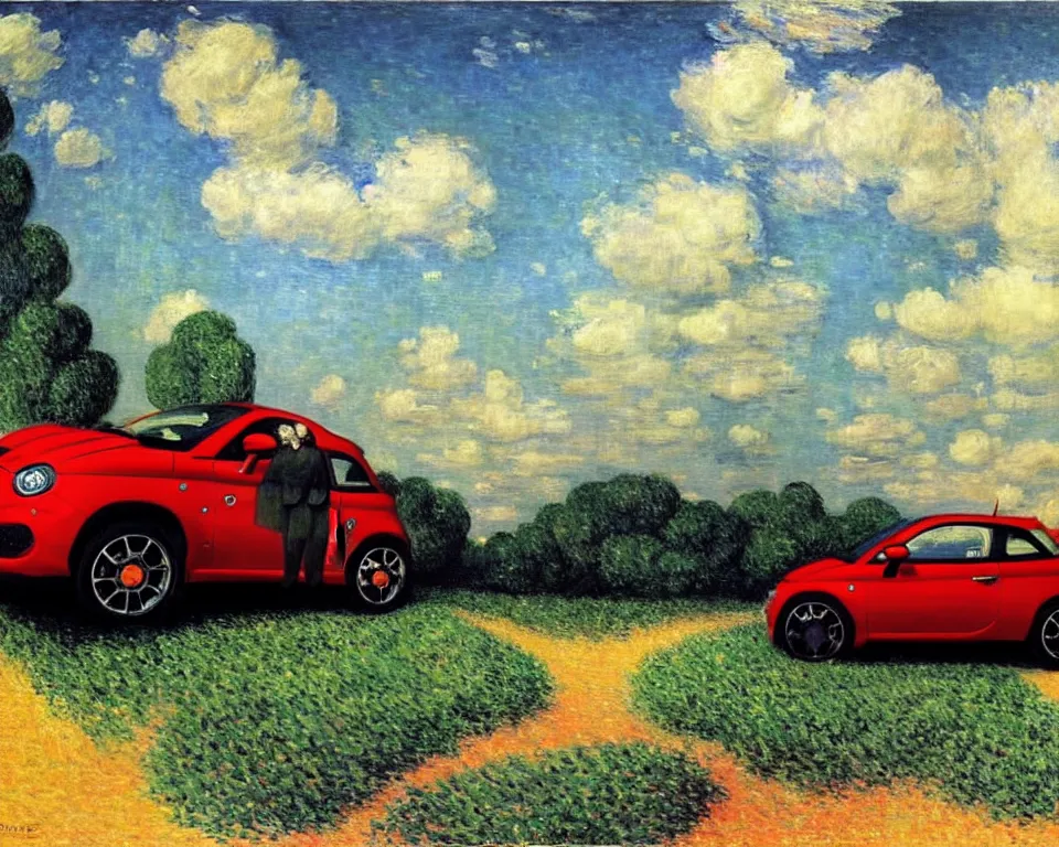 Image similar to achingly beautiful painting of a 2 0 1 3 fiatabarth by rene magritte, monet, and turner.
