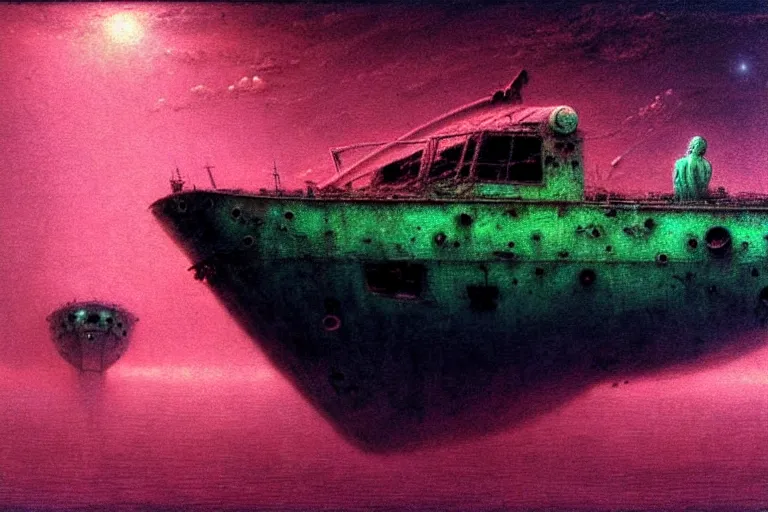 Image similar to boat in the outer space with clouds looking at derelict ship, in the style of beksinski, intricate and epic composition, pink by caravaggio, insanely quality, highly detailed, masterpiece, neon green light, artstation, 4 k