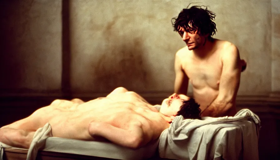 Prompt: movie still of jean - paul marat a wound at the chest, bleeding in the bath, cinestill 8 0 0 t 3 5 mm, high quality, heavy grain, high detail, cinematic composition, dramatic light, anamorphic, ultra wide lens, hyperrealistic, by pasolini