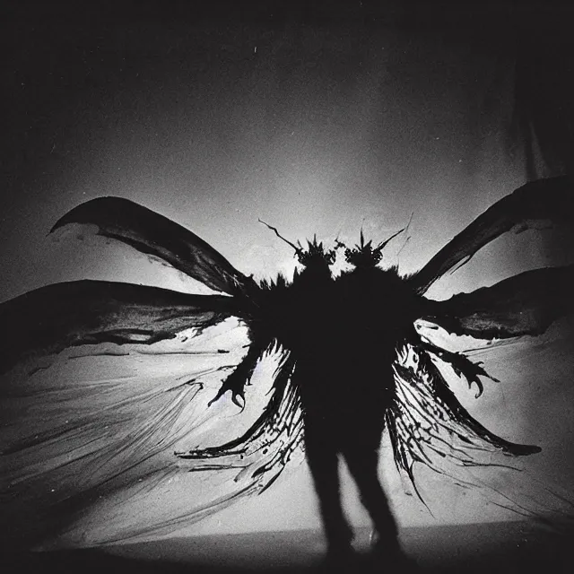 Image similar to mothman demon, crimson death wings, in the shadows of the blinding chaotic cosmic star, shadow art, wispy ink horrors, photo pic by 35mm