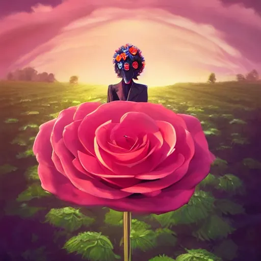 Image similar to portrait, giant rose flower head, girl in a suit, surreal photography, sunrise, blue sky, dramatic light, impressionist painting, digital painting, artstation, simon stalenhag