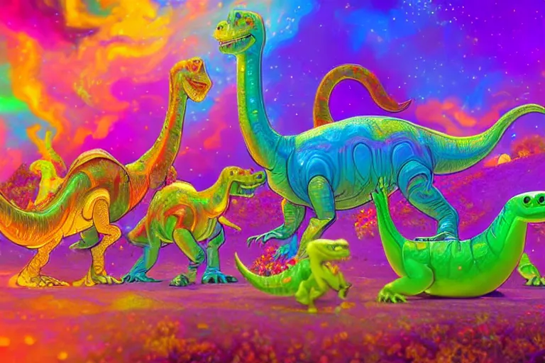 Image similar to a psychedelic realm made entirely out of love and acceptance and hypercolors. astral beings sharing love. cute smiling glowing skin glowing chibi style pixar baby dinosaurs in the style of, epic, fantasy, hyper detailed, smooth, unreal engine, sharp focus, ray tracing