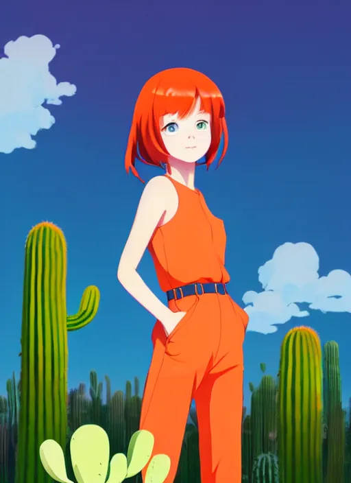 Image similar to portrait of cute redhead girl in orange jumpsuit with fox ears by ilya kuvshinov, holding a cactus, cloudy sky background lush landscape illustration concept art anime key visual trending pixiv fanbox by wlop and greg rutkowski and makoto shinkai and studio ghibli