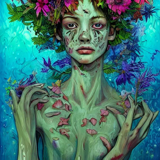 Prompt: a painting of a beatiful young zombie girl swimming with a lot of flowers and plants on its head, poster art by android jones, behance contest winner, generativ line art, glowing, shallow depth of field, 5 0 mm, full body!! symmetry