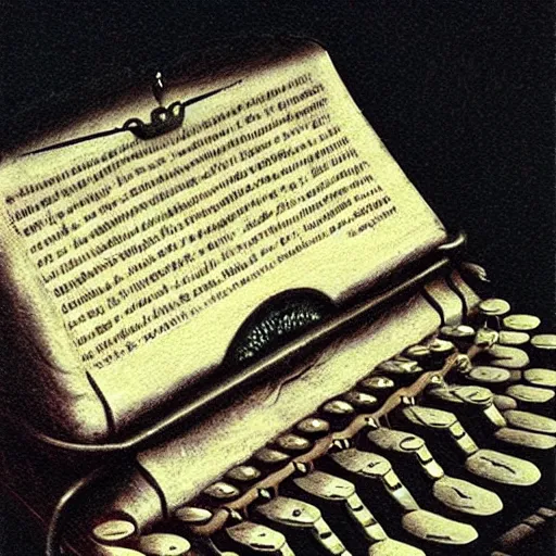 Prompt: an old lovecraft typewriter with a sheet of paper on which words in an ancient language are written, mysterious, ethereal, insanely detailed, photorealistic, dramatic lighting, professional illustration, 8 k, digital art, matte painting, by beksinski and rutkovski, artstation