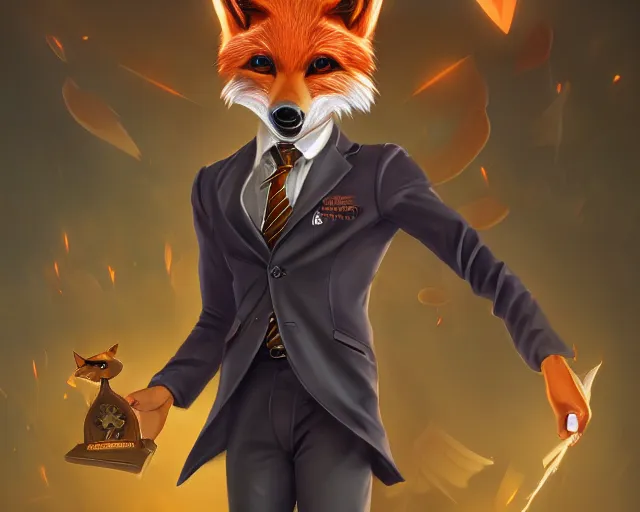 Image similar to award - winning extremely detailed fantasy art of a cute male anthropomorphic vulpes vulpes fulva teacher wearing suit working at a school, 4 k cinematic still, dramatic lighting