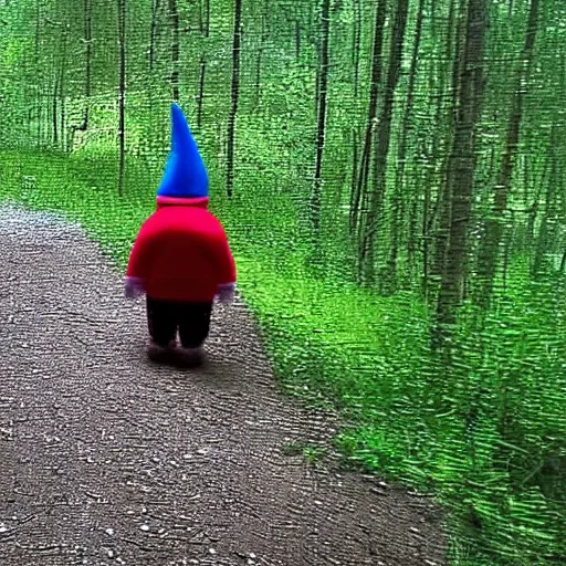 Image similar to bad quality screenshot of a leaked video of a small person dressed as gnome looking at me at a forest trail, photo taken from far away, night time, bright camera flash, camera shaking, disturbing, very scary, realistic, very disturbing, help me please im disturbed, ultrarealistic, 480p, scary