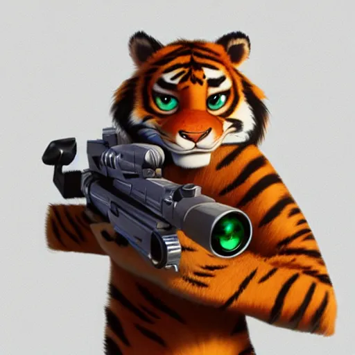 Image similar to “portrait of tiger in the style of the movie zootopia holding a laser gun, 4k, digital art, award winning”