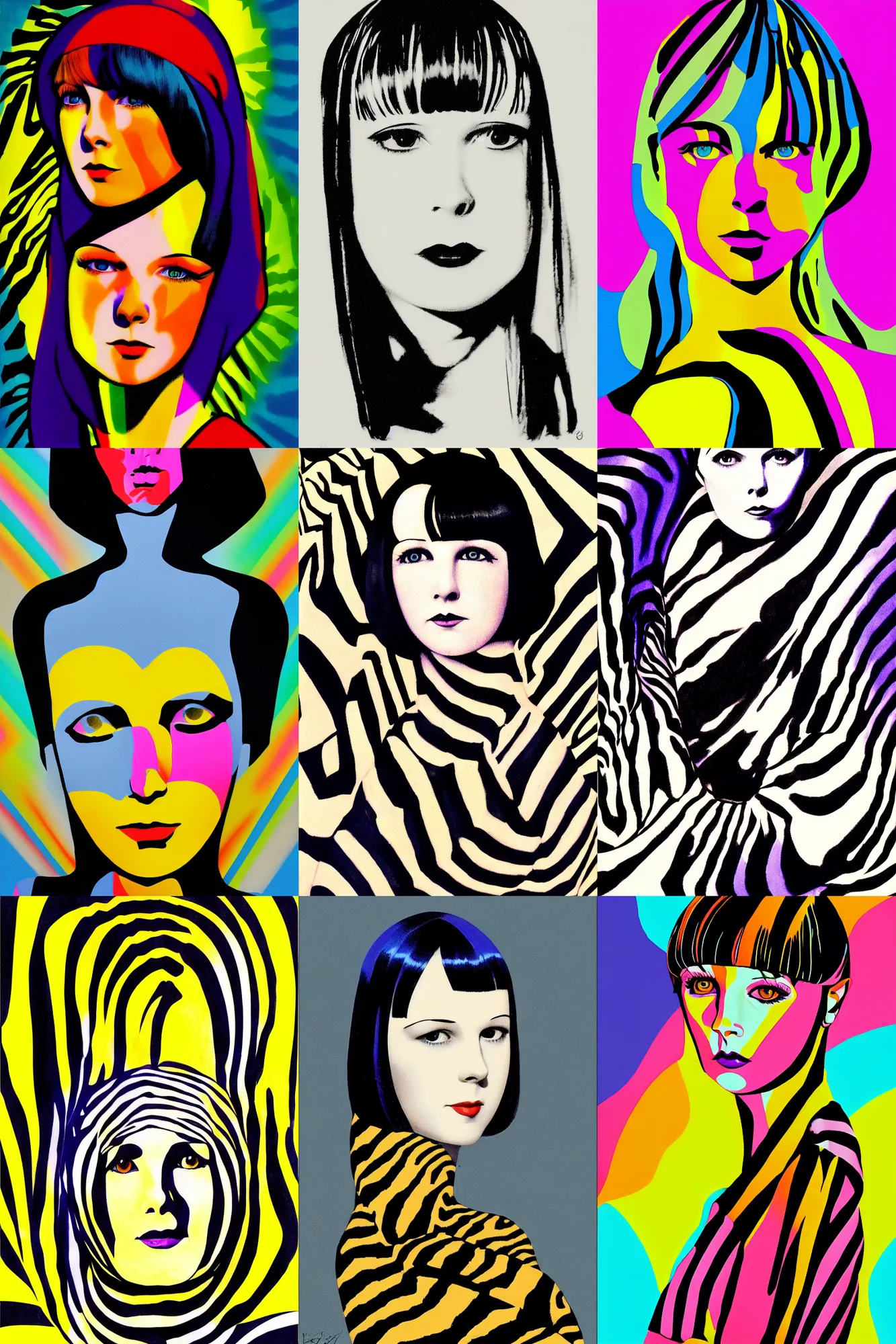 Prompt: portrait of 2 2 yeard old mary louise brooks, zebra op art, artstation, bright colours, high contrast by jack kirby