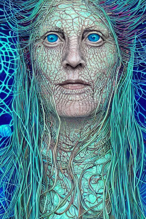 Prompt: dark underwater portrait of one Bioluminescent old woman, with cracked reaction diffusion semi-transparent skin. multicolored fish scales, face closeup. long intricate dark hair. good face proportions. with many jellyfishes. very high detail, illustration, by alex grey and Ilya Kuvshinov