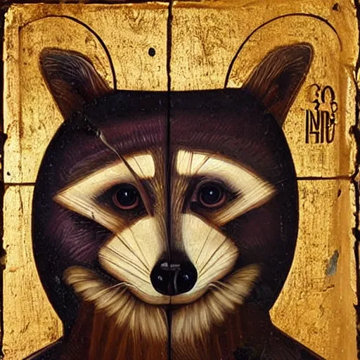 Prompt: portrait of raccoon, face of a raccoon, ancient byzantine icon, roman catholic icon, saintly, orthodox