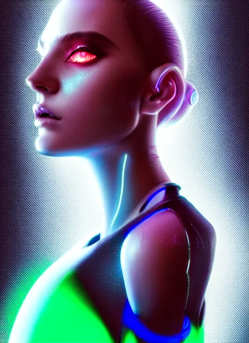 Prompt: photorealistic portrait of female humanoid, cyber neon lights, highly detailed, cyberpunk haute couture fashion, elegant, crispy quality, trending in artstation, trending in pinterest, glamor pose, no signature, no watermark, cinematic, art by artgerm and pascal blanche