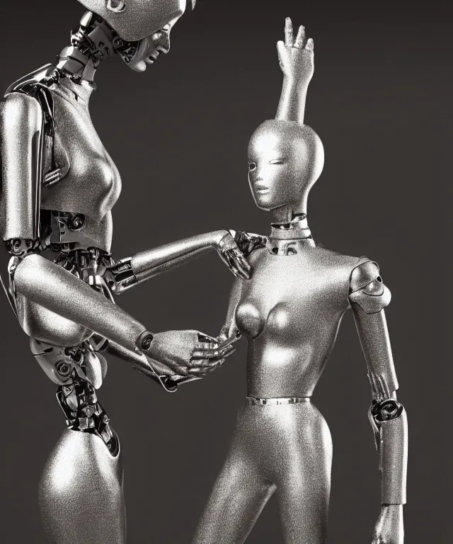 Prompt: victoria's secret model is standing and a silver robot is touching model and robot's head is partially morphed into copy of the model's head, realistic, 4 k