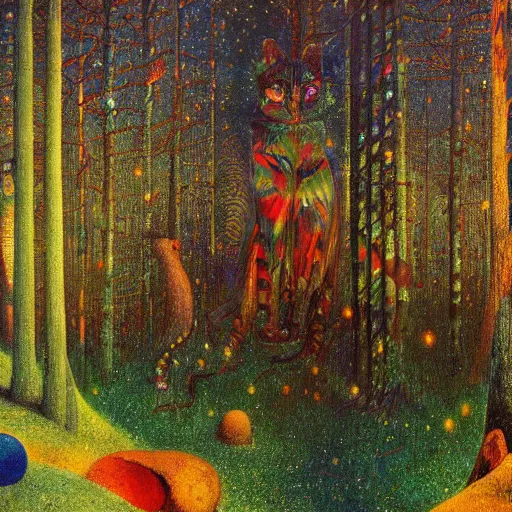 Image similar to psychedelic lush pine forest, outer space, milky way, amber eyes cat eyes designed by arnold bocklin, jules bastien - lepage, tarsila do amaral, wayne barlowe and gustave baumann, cheval michael, trending on artstation, star, sharp focus, colorful refracted sparkles and lines, soft light, 8 k 4 k