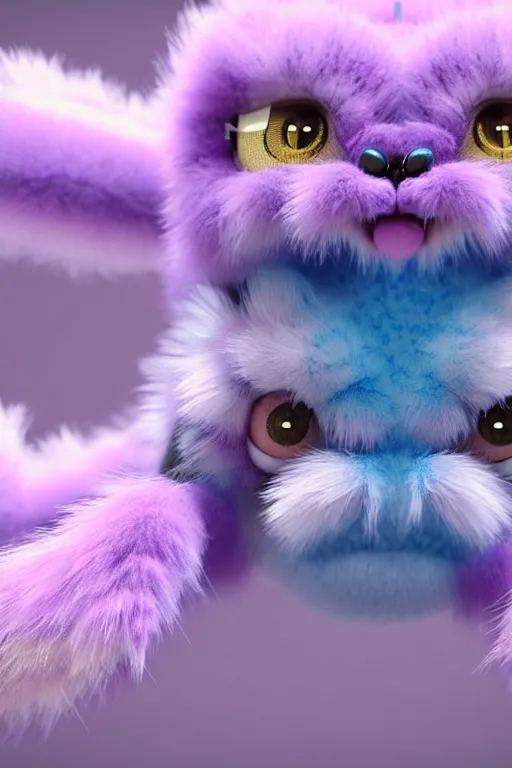 Image similar to high quality 3 d render hyperrealist very cute multipastel dotted fluffy! tarantula cat hybrid with detailed fluffy wings!!, vray smooth, in the style of detective pikachu, hannah yata charlie immer, dramatic blue light, low angle, uhd 8 k, sharp focus