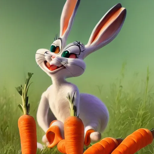Prompt: cinematic view of bugs bunny from cartoons eating a carrot digital painting, artstation, concept art, soft light, hdri, smooth, sharp focus, illustration, fantasy, intricate, elegant, highly detailed, D&D, matte painting, in the style of Greg Rutkowski and Alphonse Mucha and artemisia, 8k, highly detailed, jurgens, rutkowski, bouguereau, pastoral, rustic, georgic