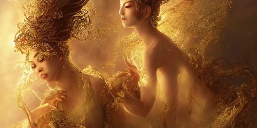 Image similar to asian nymph goddess, of bliss flowing golden silk twisting with elegant tattoos of cursive golden inked sigils on her opalescent skin, fantasy, intricate, very beautiful, elegant, golden light, highly detailed, art by artgerm and greg rutkowski and peter mordenbacher