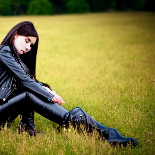 Image similar to young girl lies on a meadow, she wears leather jacket, jeans and knee high black boots, sharp focus, photo taken by nikon, 4 k,