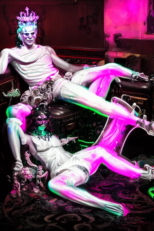 Image similar to full-body rococo and cyberpunk style neon statue of a muscular attractive Manuel Turizo macho dotado e rico android sim roupa reclining con las piernas abertas e la piroca dura, ethereal white dripping tar, glowing orange lasers, pink tigers, glowing eyes, silver prince crown, black gears, pink diamonds, swirling mint-colored silk fabric. futuristic elements. full-length view. human skulls. large intricate artwork by caravaggio. Trending on artstation, octane render, cinematic lighting from the right, hyper realism, octane render, 8k, depth of field, 3D