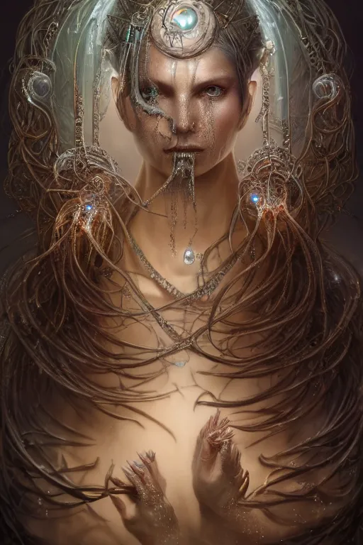 Image similar to a centered render of an alluring post apocalyptic goddess with wearing ornate silver and gemstones and crystal clothing surrounded by flowing liquid gallium jellyfish and sacred geometry, perfect body and face, gorgeous, cinematic, beautifully lit, by tomasz alen kopera and peter mohrbacher and craig mullins, rich colour, 3 d, trending on artstation, octane render, 8 k