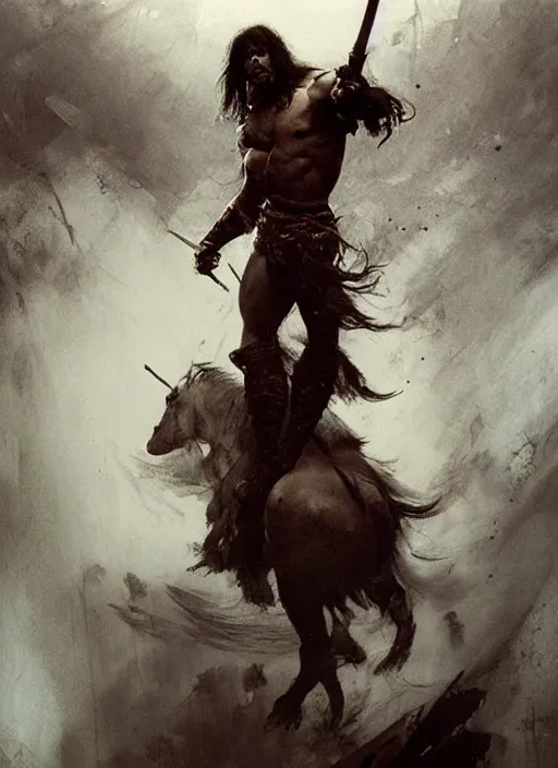 Image similar to conan the barbarian, intricate, elegant, highly detailed, john park, frazetta, sparth, ruan jia, jeffrey catherine jones