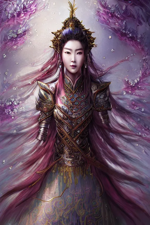 Image similar to beautiful ancient fantasy portrait of wuxia armor heroine, wearing Xian Xia wardrobe, in forbidden City, hybrid from Dynasty Warriror, flowers sea rainning everywhere, intricate, very very beautiful, elegant, highly detailed, digital painting, beautiful glowing galaxy eyes, human anatomy, hyperrealistic, soft light, dynamic, artbreeder, artstation, fantasy concept art, smooth, sharp focus, illustration, art by alphonse mucha and tian zi and WLOP