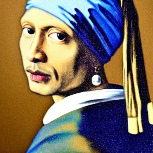 Prompt: Dwayne Johnson with a pearl earring by Johannes Vermeer