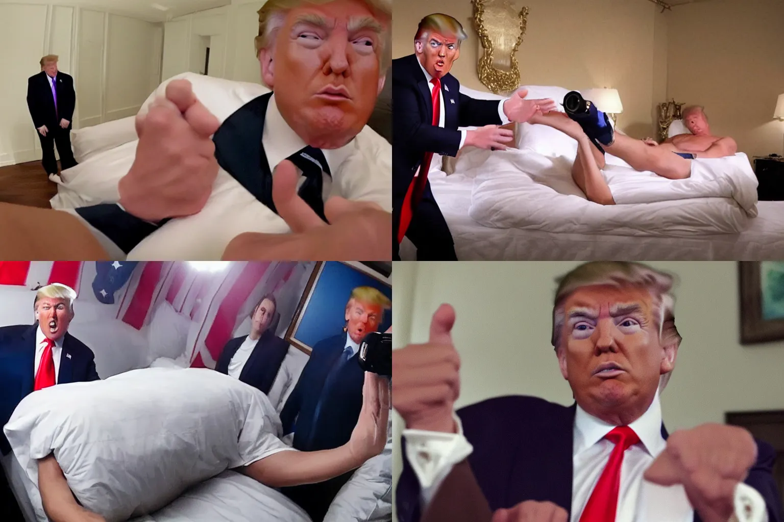 Prompt: gopro footage of donald trump on a bed, full body, fully clothed, male anatomy, rubber fist