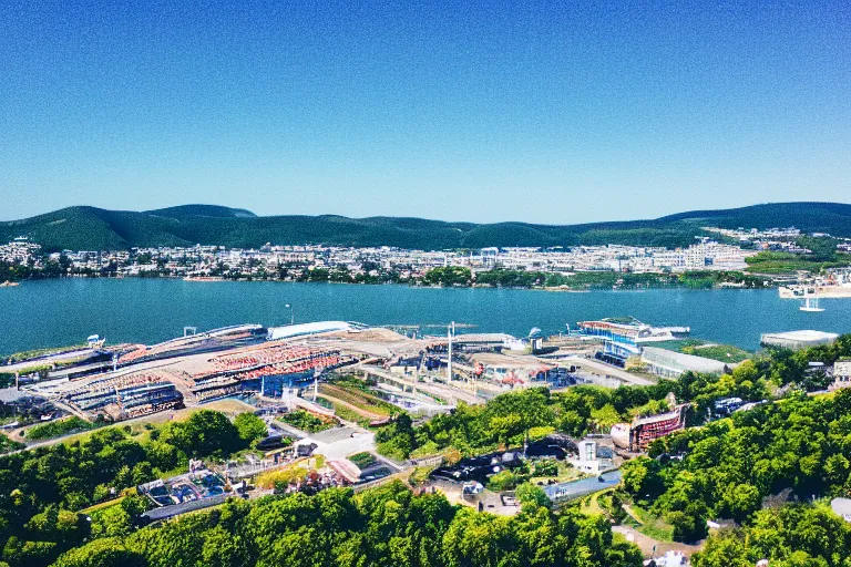 Image similar to bird's eye view photography of a small city. town hall, central farm, monorail station, beach and shipping dock. hills, woods and lake to the north.