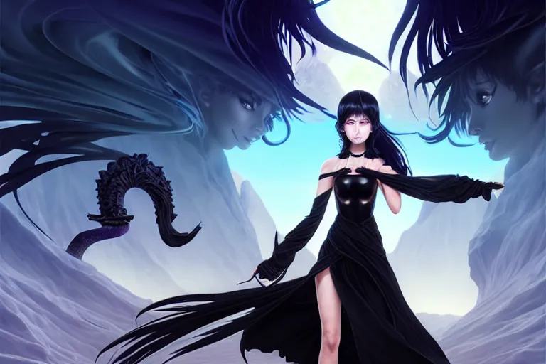 Prompt: veiled black dressed summoner girl and her ego weapons fighting against the outer gods. desert valleys, box office hit, fantasy and cosmic horror movie, unreal engine, intricate, highly detailed 8 k, ambient occlusion, extremely beautiful and aesthetic shape of face and body, art by hiroaki samura and ilya kuvshinov and rossdraws