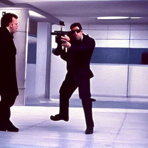 Prompt: A spy with a pistol firing at another spy. A force field blocks the two spies from each other. Long shot, from The Bourne Identity (2002)