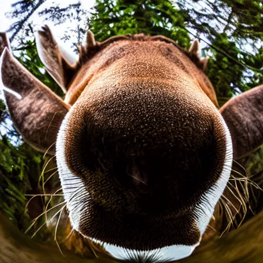 Prompt: close - up fisheye photo of a moose's face