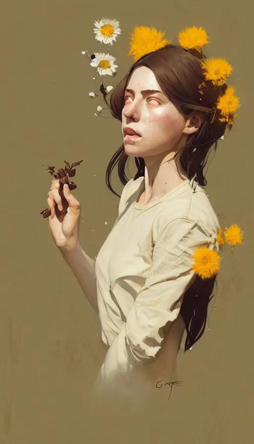 Image similar to cottagecore hyper - realistic portrait of a woman, flowers, by atey ghailan, by greg rutkowski, by greg tocchini, by james gilleard, by joe fenton, by kaethe butcher, dynamic lighting, gradient light yellow, brown, blonde cream and white color scheme, grunge aesthetic