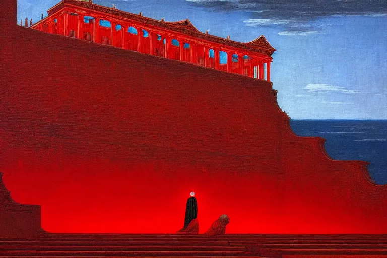 Image similar to only with red, a red melted emperor, taormina amphitheatre, crowd hails him, in the style of beksinski, parts by edward hopper, parts by rodcenko, parts by yue minjun, intricate and epic composition, red by caravaggio, insanely quality, highly detailed, masterpiece, red light, artstation, 4 k