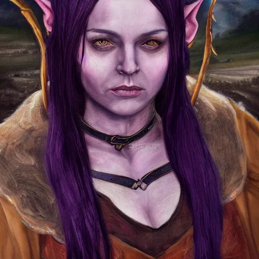 Image similar to oil painting a female medieval fantasy tolkien elf, dark purplish hair tucked behind ears, wearing a fur lined collar, wide face, muscular build, scar across the nose, cinematic, character art, detailed.