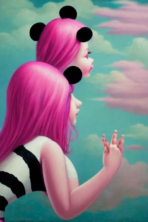 Image similar to an image of a girl with pink hair wearing a panda onesie looking across, evokes chrysalism painting by mark ryden, and lisa frank