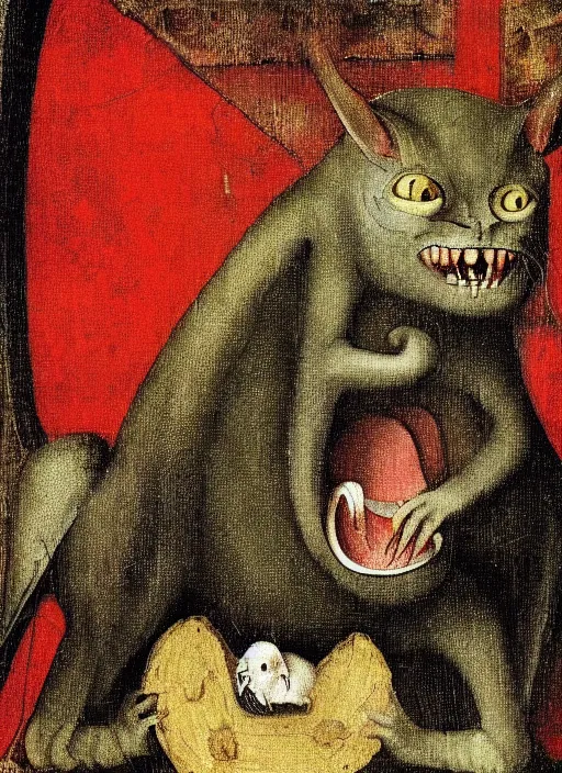 Prompt: red devil monster cat, Medieval painting by Hieronymus Bosch, Florence