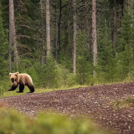 Prompt: a bear chasing a camper in the forest