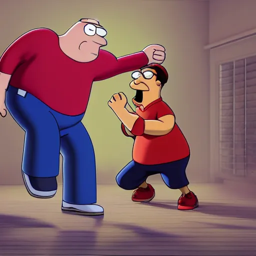 Prompt: peter griffin beating brian, from family guy, hyperrealism, octane render, 8 k, high resolution, art by artgerm