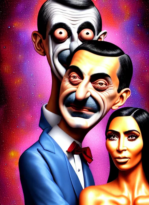 Prompt: detailed image of a creepy Mister Bean and kim kardashian portrait, love, romantism, deep cave in the deep space by richard corben, rich deep colors. masterpiece . intricate artwork, very coherent symmetrical artwork, cinematic, hyper realism, high detail, octane render, unreal engine, 8k, Vibrant colors, Smooth gradients, High contrast, depth of field. by Katsuhiro Otomo, by Bekzinski, full body character drawing, inspired by Evangeleon, clean ink detailed line drawing, intricate detail, extremely detailed.