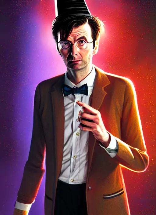 Image similar to portrait of david tennant as the tenth doctor from doctor who wearing a party hat, intricate, elegant, glowing lights, highly detailed, digital painting, artstation, concept art, smooth, sharp focus, illustration, art by wlop, mars ravelo and greg rutkowski