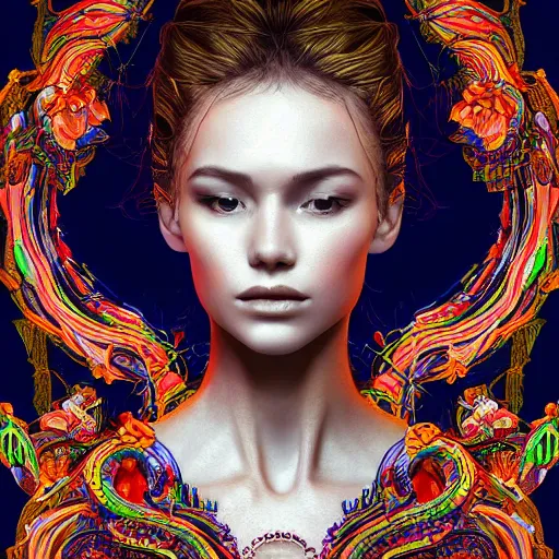 Image similar to the portrait of a ridiculously beautiful and elegant russian woman partially made of onion rings of all colors, an ultrafine detailed illustration by james jean, final fantasy, intricate linework, bright colors, behance contest winner, vanitas, angular, altermodern, unreal engine 5 highly rendered, global illumination, radiant light, detailed and intricate environment