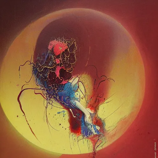 Prompt: a sphere being devoured by abstract splatters of paint in the style of francis bacon, venus being engulfed in flames in the style of james jean, surreal, beksinski, high detailed