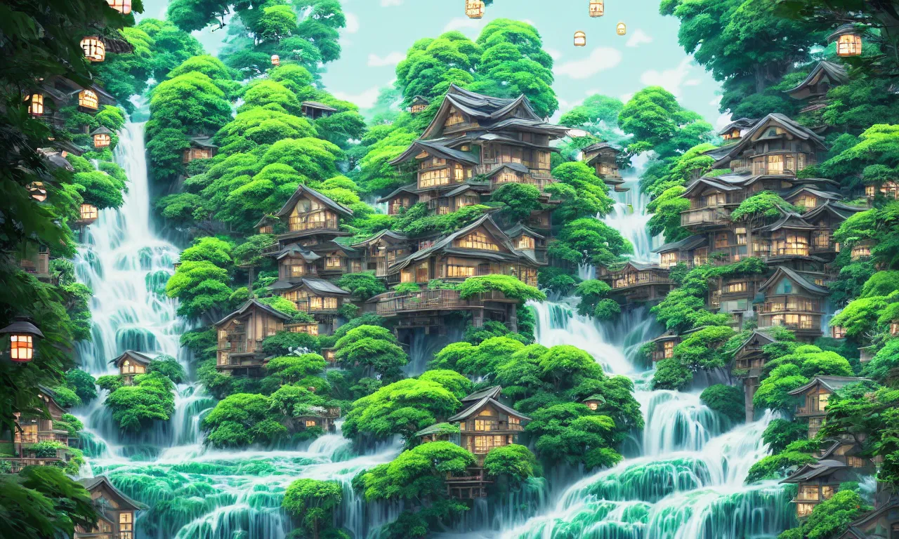 Prompt: STUDIO GHIBLI, flowery modern cottage, Japanese lanterns, waterfalls, Bookshops, chairlifts, in an eco city, solar, green technology, optimist future by Asher Durand. intricate artwork by Tooth Wu and wlop and beeple and dan mumford and greg rutkowski and nekroxiii. halo. octane render, cinematic, hyper realism, octane render, 8k, depth of field, bokeh. iridescent accents. vibrant.