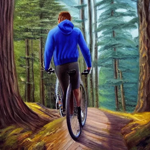 Image similar to man biking up a steep forest hill with a deep blue sweater. sweaty. Oil painting. Emotional. Trending on artstation. Steep. Trees.