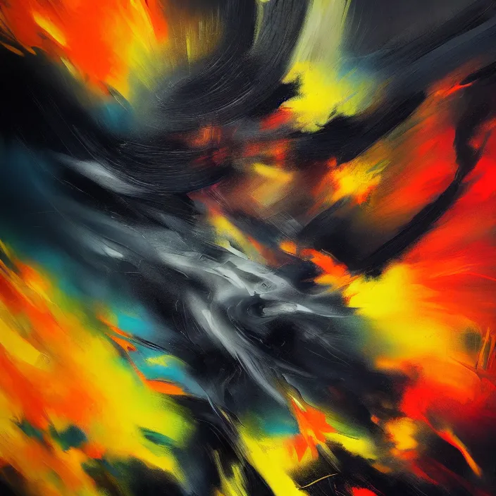 Image similar to abstract, a thin, fit man's body explodes in abstract, thick flowing dramatic brush strokes, strong wind, black background, matte colors, impressionist, extreme motion, trending on artstation