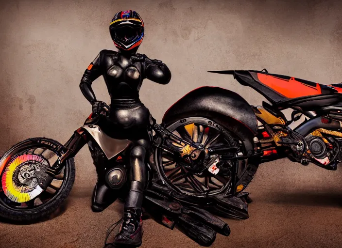 Prompt: beautifully lit photo of a black marble statue of a woman with colorful motocross logos and a black motorcycle helmet with closed visor, carved marble statue, symmetrical, fine art, michaelangelo, vogue, in the style of virgil abloh, offwhite, matthew williams, denoise, highly detailed, arnold, maya, photoshop, lightroom