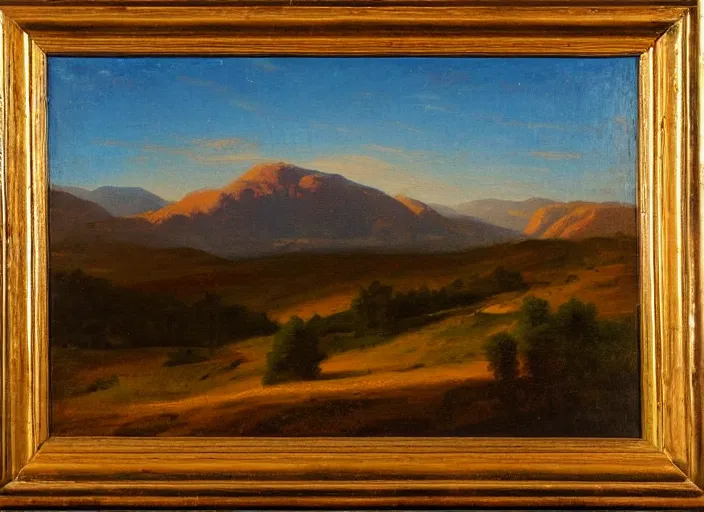 Image similar to the armenian highlands with the sun setting as the background in the style of hudson river school of art, oil on canvas